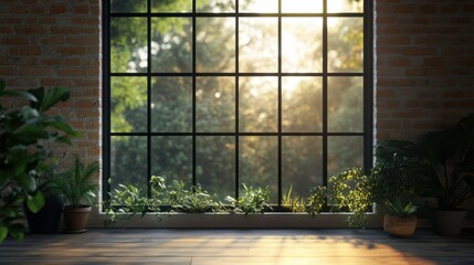 Sunlit Window with Plants in Cozy Interior Space at Sunrise