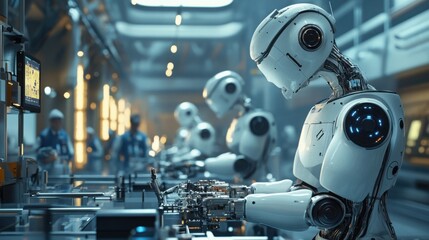 Fototapeta premium A futuristic factory floor with robots operating machinery and assembling products while humans observe