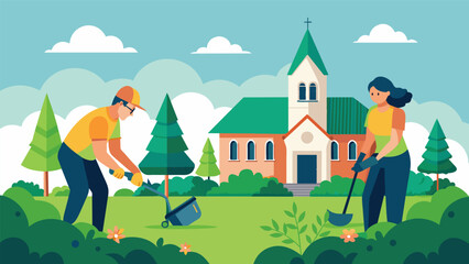 A pair of volunteers carefully trim the hedges along the edge of the church property creating a neat and welcoming border for visitors.. Vector illustration