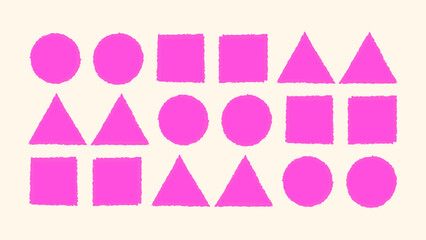 Brushstroke geometric shape set- triangle, round, square. Grunge paint texture frames, hand drawn stamp forms. Rough edge elements. Vector image