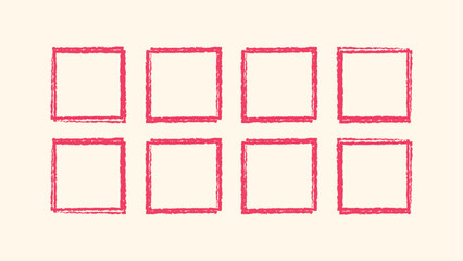 Child crayon scribble square border. Hand drawn rough vector frame. Sketchy pastel color stroke outline. Grungy square doodle shape set. Vector stock