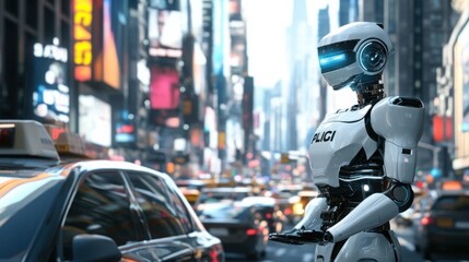 Fototapeta premium A robot police officer directing traffic during rush hour in a bustling urban setting