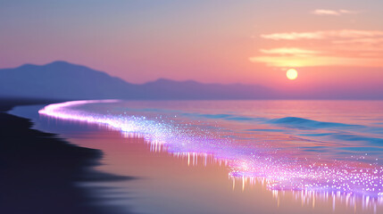 Dreamy Purple Bioluminescent Beach background with Sunset Glow