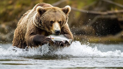 Fototapeta premium A large brown bear catching and holding a fish in water