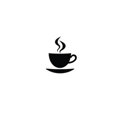 Vector logo design a black silhouette teacup icon, with steam, in a minimalist, geometric style, centrally placed on a white background.