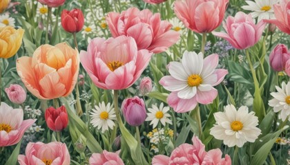 Fototapeta premium Close-up watercolor floral detail; tulips, roses, daisies, summer garden, vibrant, detail