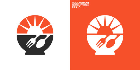 Restaurant logo. Cutlery, sun, breakfast. Vector icon symbol design template EPS 10.