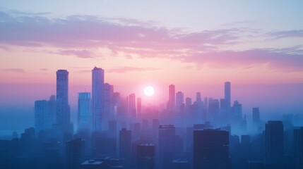 Fototapeta premium Stunning Sunrise Over City Skyline with Fog and Soft Colors