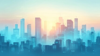 Serene Sunset Over Urban Skyline with Soft Blue and Orange Hues