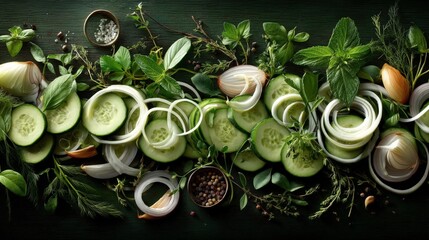 Slicing cucumbers kitchen counter hyperrealistic photography vertical view culinary art