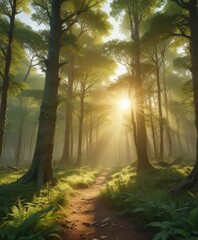 Obraz premium Golden sunlight streams through emerald canopy, dappling forest floor , nature, vibrant