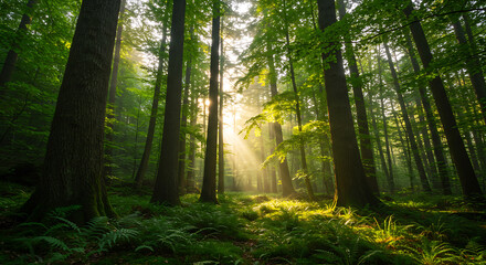 Fototapeta premium Sunlight through dense green forest trees nature scenery woodland, generative ai