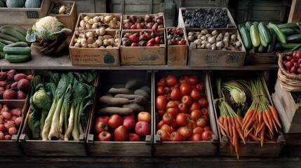 Harvest vegetables showcase farmers market vertical photograph rustic environment close-up view hyperrealistic concept