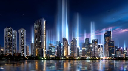 Fototapeta premium Futuristic Cityscape at Night, Digital Art - Futuristic Cityscapes