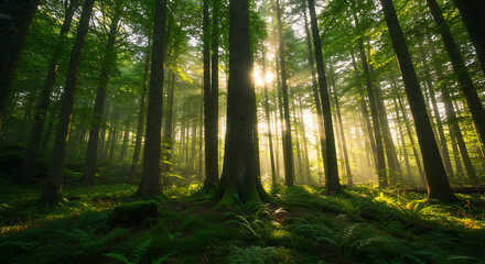 Sunlight through trees in forest blurred nature background, generative ai