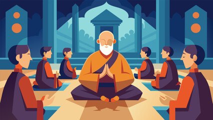 Obraz premium A stoic monk leading a prayer session inside the meditation hall of the religious site encouraging pilgrims to clear their minds and open their. Vector illustration