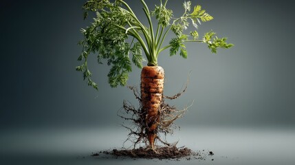 Obraz premium Harvesting beauty hyperrealistic carrot in soil studio setting vertical photography organic aesthetics