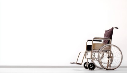 Fototapeta premium Empty Wheelchair Stands Against White Wall: Accessibility, Disability, and Independence. Mobility and Support for Individuals.