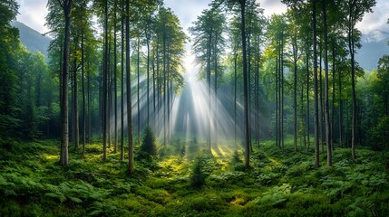 Obraz premium Sunbeams pierce through a lush, green forest canopy, illuminating nature