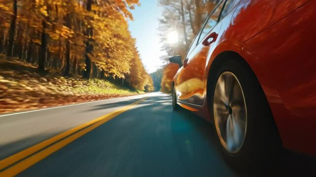 Autumn Road Trip: A vibrant red car speeds down an asphalt road lined with golden autumn foliage, sunlight piercing through the trees and illuminating the scene.