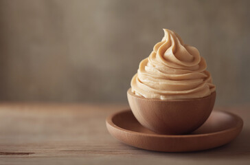 A bowl of rich caramel ice cream with a wooden spoon, against a soft background, presenting a warm and comfortable dessert enjoyment.