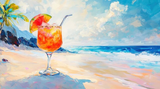 Vivid beachside cocktail painting evoking a refreshing summer escape ambiance