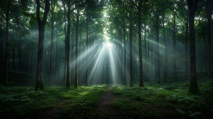 Obraz premium Sunbeams through dense, lush forest. A path leads through towering trees