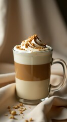 A glass mug of latte topped with fluffy whipped cream and cookie crumbles sits on a wooden coaster, bathed in warm, natural light
