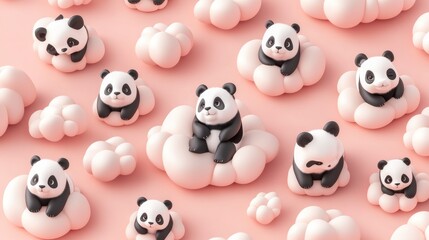 Cute pandas sitting on clouds, pink background, 3D render, children's illustration