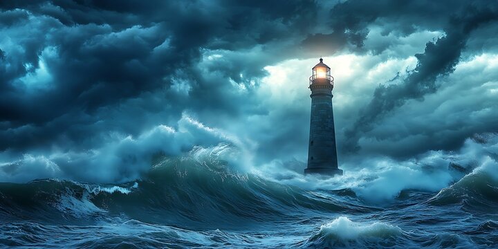 A lighthouse shows the way on a stormy night at sea.