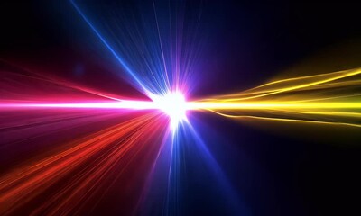 A vibrant rainbow laser beam radiating from the center of an all-black background, with rays spreading out in every direction, creating a dynamic and colorful effect. The light beams should be bright  - Powered by Adobe