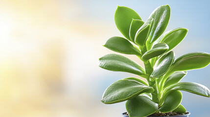 Fototapeta premium Close up view of vibrant green succulent plant with glossy leaves, adorned with soft natural lighting. blurred background features warm yellow and cool blue tones, creating serene and refreshing