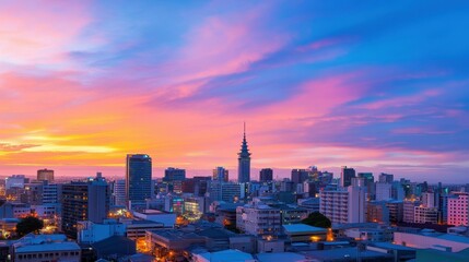 Obraz premium City skyline sunset; colorful sky, buildings illuminated.