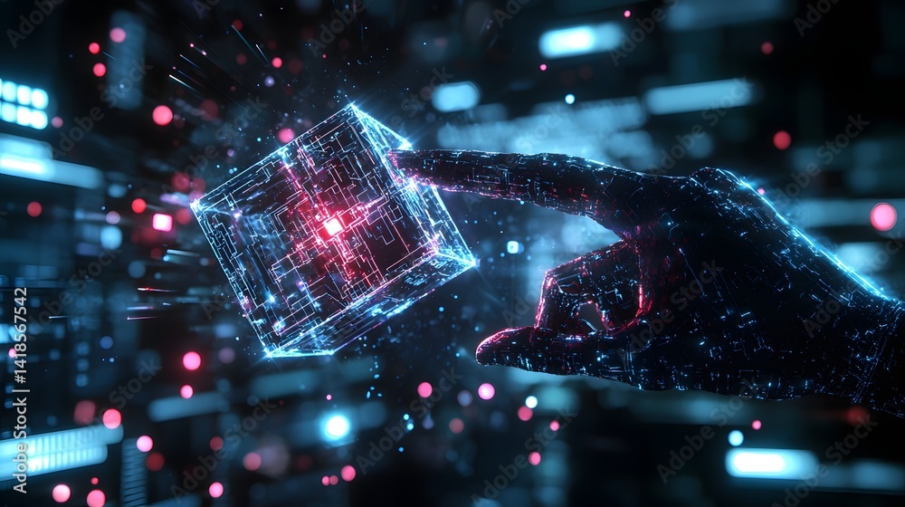 Poster lens-flare shot of a hacker manipulating a floating data cube, their fingers leaving glowing trails 
