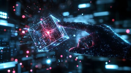 Lens-flare shot of a hacker manipulating a floating data cube, their fingers leaving glowing trails of light in the air. Cinematic high-tech espionage