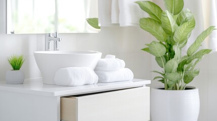 Fototapeta premium Clean, modern bathroom vanity with fresh towels and plant