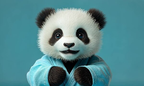 Panda in attire. A cute furry animal with striking black & white fur stands on a cyan background