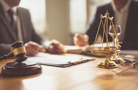 Legal Professionals Review Documents with Gavel and Scales of Justice