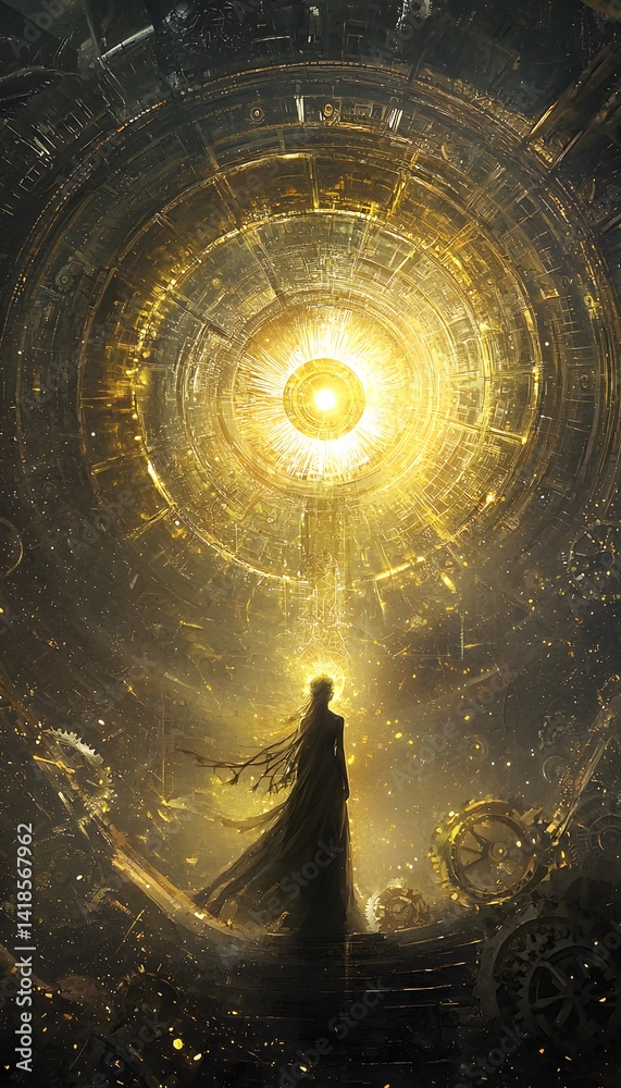 Aufkleber A goddess of time stands at the center of an ancient clockwork cathedral, gears and golden light swirling around her as she weaves the threads of destiny