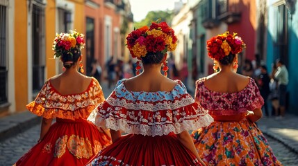 Three women in vibrant traditional dresses dance joyfully on a bright street, ideal for promoting cultural festivals, dance events, or heritage celebrations.