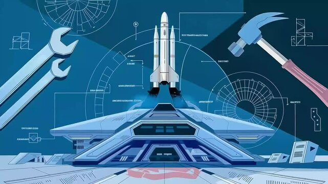 Animated illustration of a space shuttle launch prep with blueprints and tools in a futuristic setting