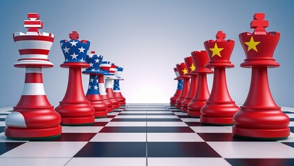  a digital illustration featuring a chessboard in the foreground with two prominent chess pieces, both styled as red kings.