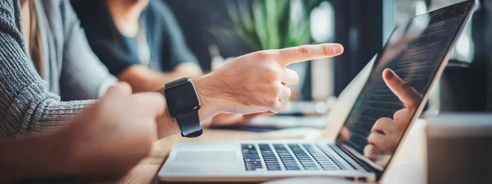 Close-up of two people pointing at laptop screen on table in bright office, natural light, teamwork and collaboration concept, modern workspace, stock photo style