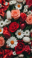 Fototapeta premium Red roses, tulips, daisies, and other blossoms.