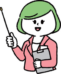 ファイルを持ち説明しているスーツの女性