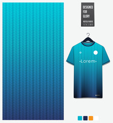 Geometric pattern with gradient background for fabric textile design. Sport shirt mockup template for football, soccer, basketball, cycling, running, rugby, baseball, racing, or sportswear.