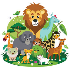 Naklejka premium A diverse group of land and air animals, including a giraffe, elephant, lions, tigers, zebras, bears, gorillas, an orangutan, and various birds, are gathered together on a patch of green against a whi