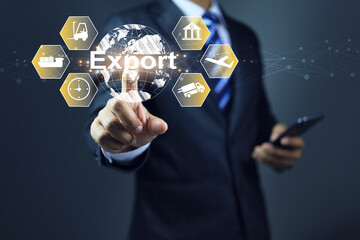 export concept with businessman pointing on globe icon to distribute and shipment goods or products from side by side of the world by professional logistic