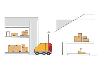 Autonomous forklift navigates a warehouse aisle. Modern logistics concept. Clean, bright illustration shows efficiency and automation in a storage facility.
