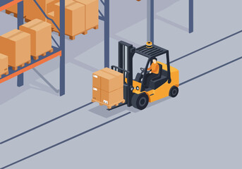 A forklift operator moves a pallet in a busy warehouse. Isometric view showcases efficient logistics and industrial operations. Clean, modern design.